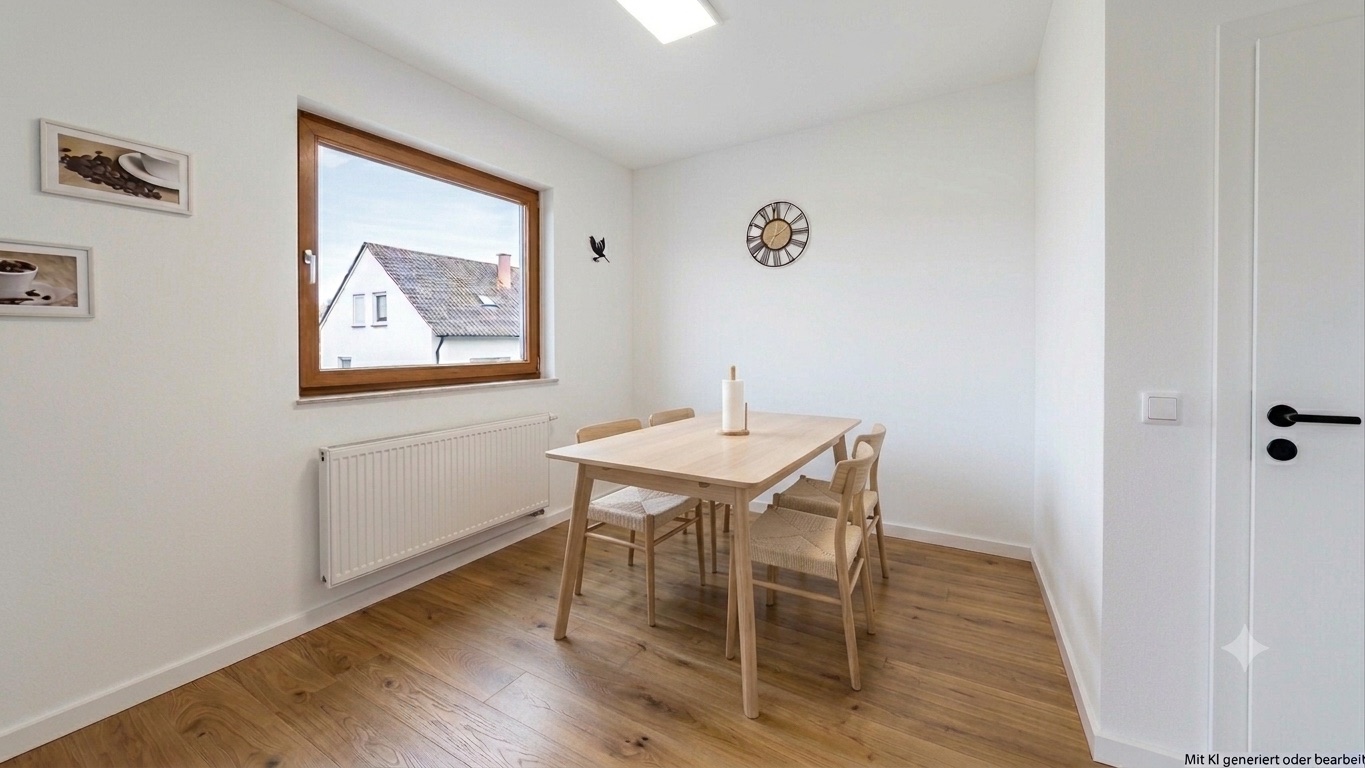 Essbereich mit Fenster nach Süden, Eichenboden und weißen Wänden